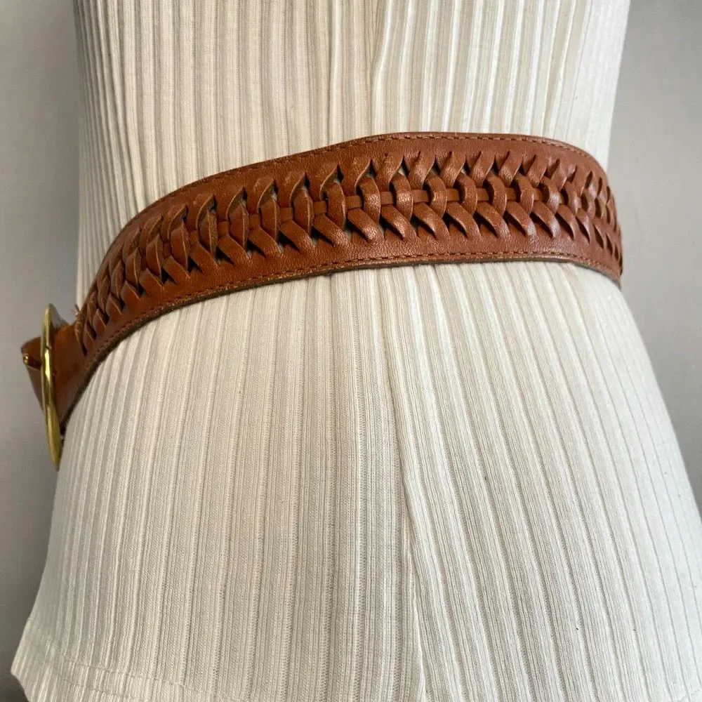 💎Lands End 506 Unisex Belt 32 Waist Woven Center Copper Brown Leather